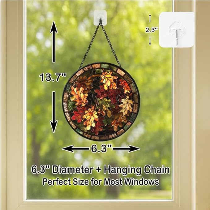 Oak Leaves Stained Glass Window Hanging Panel – Autumn Fall Theme Suncatcher Wall Art for Home Window Decor and Gift