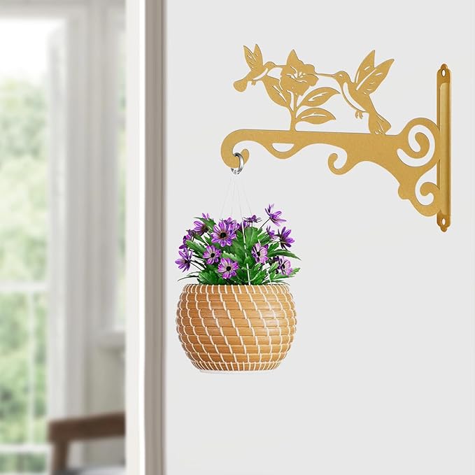 Elegant Bird Pattern Wall Hooks - 10/12/14 Inch Metal Plant Hangers for Indoor & Outdoor - Rust-Resistant Bracket for Plants, Feeders, Chimes, Lanterns (4, Gold, 10 inch)