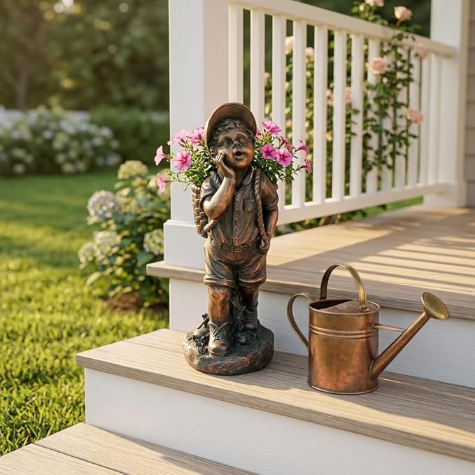 XBrand 24" H Faux Bronze Magnesium Oxide Walking Boy Garden Statue w/Small Flower Plant Pot, Outdoor Décor, Natural Design Sculpture
