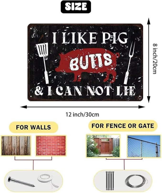 Generic I Like Pig Butts and I Can Not Lie Metal Tin Sign Vintage Grill Metal Sign Backyard Grilling BBQ Decor for Porch Deck Outdoor Patio Bar Decor 8x12 Inch