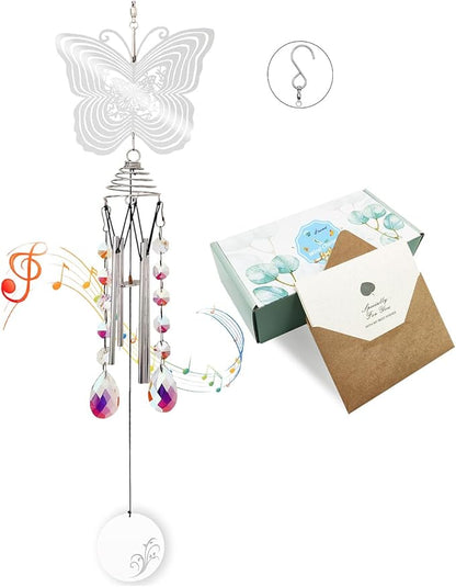 Hourwof Memorial Wind Chimes for Outside,Decorative Wind Chime with Wind Spinner for Garden Patio Yard,Crystal Suncatcher Windchime,Housewarming Gift,Butterfly