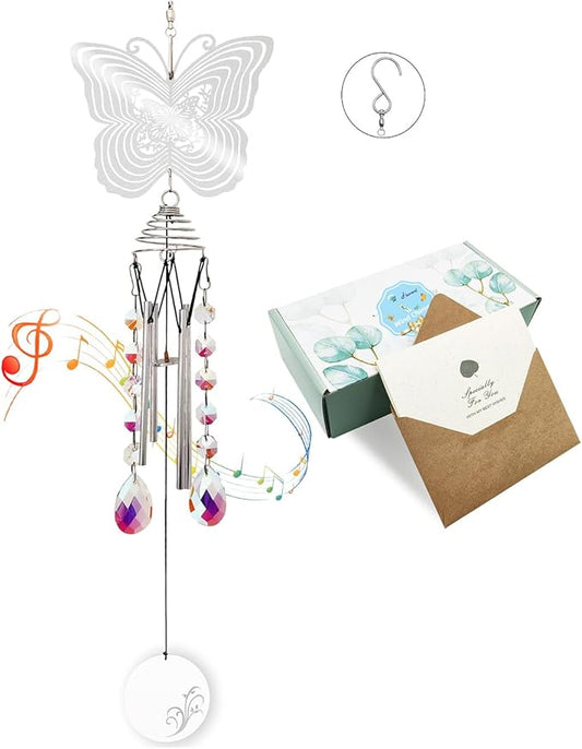 Hourwof Memorial Wind Chimes for Outside,Decorative Wind Chime with Wind Spinner for Garden Patio Yard,Crystal Suncatcher Windchime,Housewarming Gift,Butterfly
