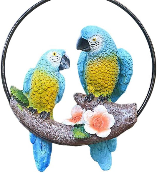 Mini Garden Statues Hanging Iron Ring Parrots, Resin Parrot Hanging Statue, Hanging Birds Figurine for Pathways Yard Patio Office Home Indoor Outdoor Tree Decorations (B-3)