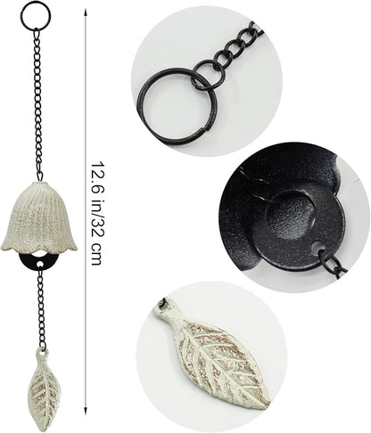 MrMrKura Japanese Leaf Wind Chimes, Small Wind Bell Pendent for Outside Hanging Cast Iron Wind Chime Ornament for Bless Garden Backyard Home Decor (White)
