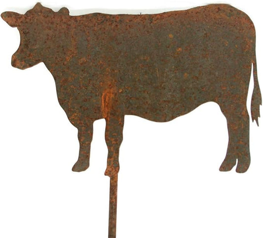 Pets and Farm Animals Metal Garden Landscape Stake (9" Wide Cow on Stake, Naturally Rusted)