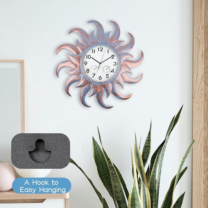 Large Outdoor Clock Silent Non-Ticking, Outdoor Wall Clock with Thermometer & Hygrometer Combo, Quartz Outside Clock for Patio, Garden, Living Room (Blue)