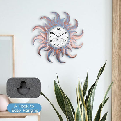 Large Outdoor Clock Silent Non-Ticking, Outdoor Wall Clock with Thermometer & Hygrometer Combo, Quartz Outside Clock for Patio, Garden, Living Room (Blue)