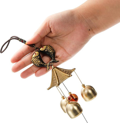 Eorbow 4 Pack Lucky Wind Chimes, Chinese Wind Bell, 3-Bell Vintage Blessing Hanging Wind Chime with Fish Coin for Safe, Good Luck, Wealth Home Garden Patio Hanging Decoration Gift