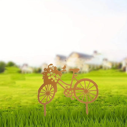 Yard Art Garden Metal Statue Decor,Lifelike Bicycle Stakes Outdoor Decorations,Black Hollow Out Iron Silhouette Sets for Farmhouse Pathway Lawn (Rust)
