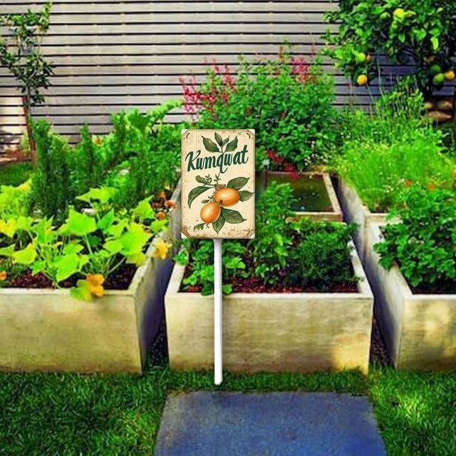 Uptell Vintage Aluminum Kumquat Fruit Signs Yard Sign with Stake for Garden Fruit Garden Label Stakes Plant Markers for Outdoor Plants Waterproof 7x8.8 inch