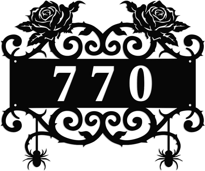 Personalized Gothic House Number metal Signs,Custom Address Number Metal Wall Art Decor,Black Plaques Outdoor wall Decorative Signage,Shed(8-30 Inches) (Rose A)
