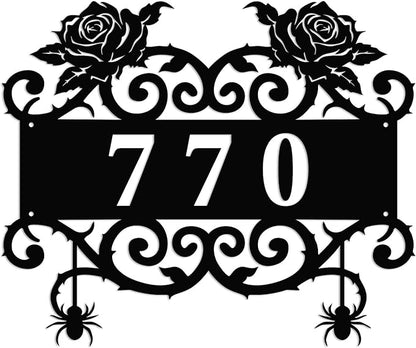 Personalized Gothic House Number metal Signs,Custom Address Number Metal Wall Art Decor,Black Plaques Outdoor wall Decorative Signage,Shed(8-30 Inches) (Rose A)