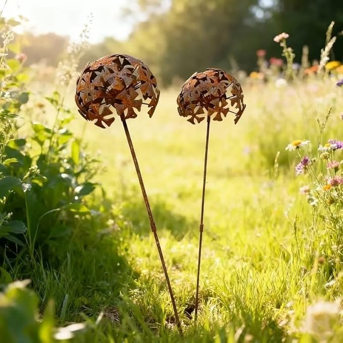 Rusty Metal Wild Flowers Garden Stakes 11.82 x 8.47 inches, Decorative Flowers Yard Stake Metal Art for Outdoor Garden Lawn Decor(Flower-E)