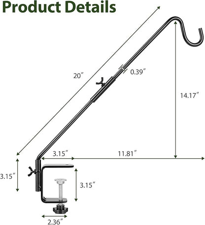 BOLITE Heavy Duty Deck Hook, 20 Inch Bird Feeder Hanger for Hummingbird Feeders, Planters, Lanterns, Wind Chimes, 360° Rotatable Arm, Black, Birthday Gifts for Women Men, Gifts for Mom Dad