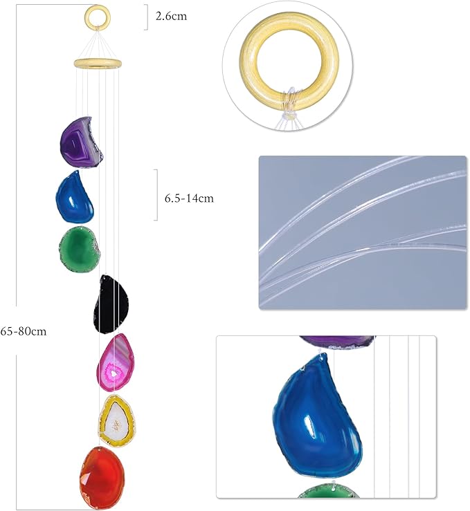 Nupuyai Wind Chimes - Unique Agate Slices Geode Stone Wind Chimes Indoor Outdoor, Healing Stone Windchime Hanging Ornament for Home Garden, 25.6-31.5'', Rainbow Agate