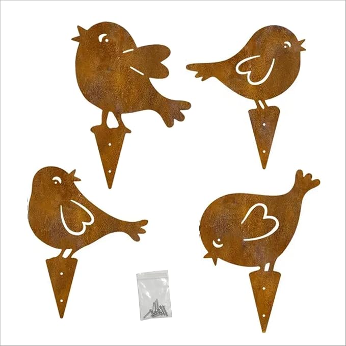 Rusty Birds Decoratio Metal Bird Art Silhouettes Courtyard Garden Déco rand Courtyard Garden Rustic Outdoor Décor Backyard Fence Décor 4Piece Metallic Rust-Colored