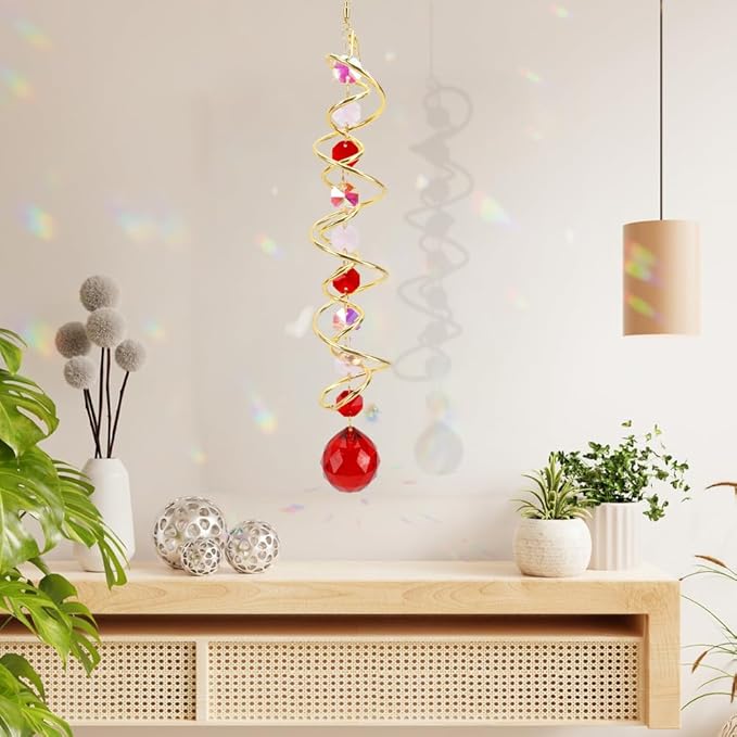 Crystal Suncatchers Decorative Sun Catchers Crystal Hanging Wind Spinners with Red Prism Ball Rainbow Maker Suncatchers for Windows Hanging Outdoor Indoor Home Garden Decoration Gifts for Girl