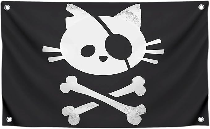 3x5 Feet Pirate Cat Skull and Crossbone Home Polyester Flags with 4 Brass Grommets - Decorative Home Fall Single Sided Flags for Infoor or Outdoor - Garden Yard Porch Patio Banner for Decor