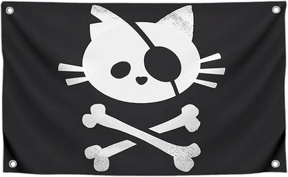 3x5 Feet Pirate Cat Skull and Crossbone Home Polyester Flags with 4 Brass Grommets - Decorative Home Fall Single Sided Flags for Infoor or Outdoor - Garden Yard Porch Patio Banner for Decor