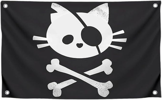3x5 Feet Pirate Cat Skull and Crossbone Home Polyester Flags with 4 Brass Grommets - Decorative Home Fall Single Sided Flags for Infoor or Outdoor - Garden Yard Porch Patio Banner for Decor