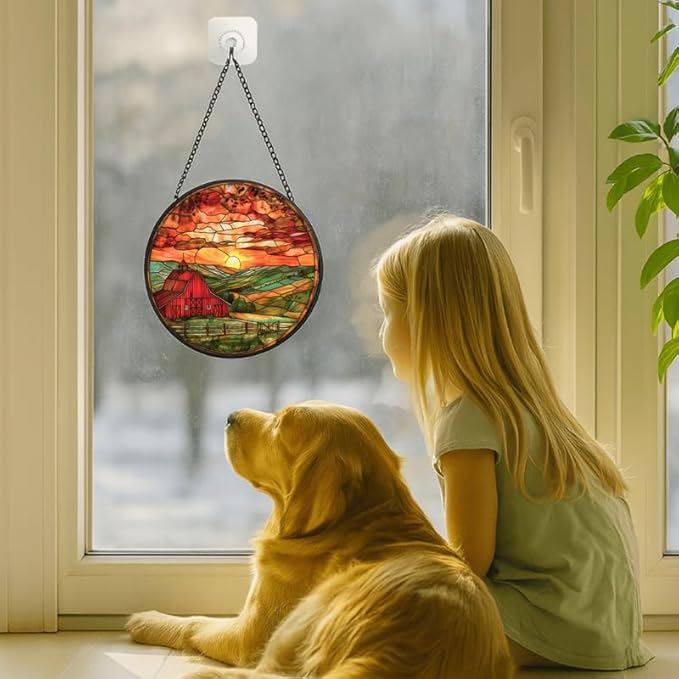Stained Glass Window Hanging - 6.3in Barn Farmhouse at Sunset Sun Catchers Indoor Stained Glass Panels Wall Decor for Mom，Wife，Lovers，Festive