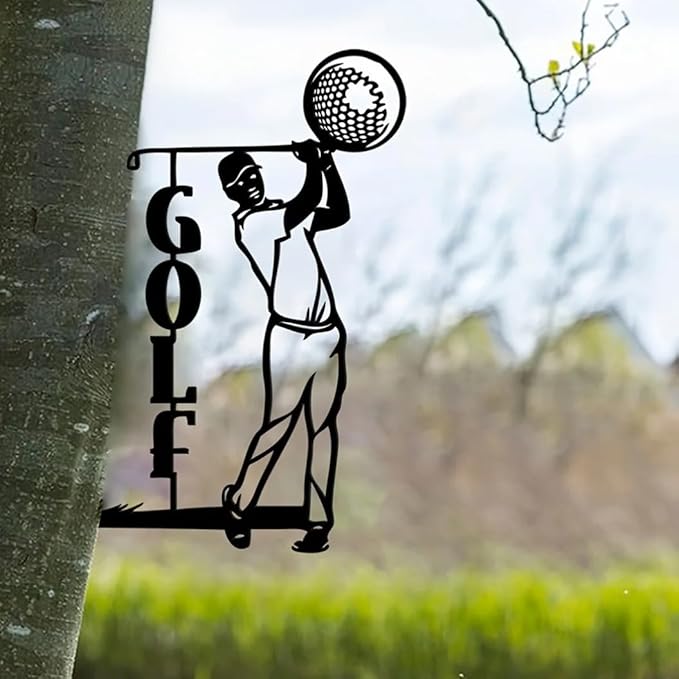 Metal Garden Sport Art Home Yard Patio Golf Tree on Branch Steel Silhouette Statue Stake Christmas Decoration, Black