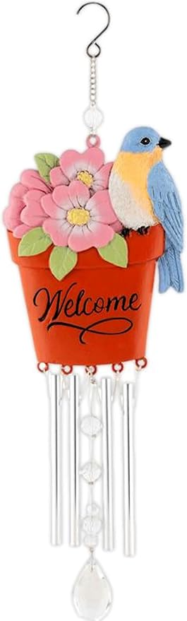 Carson 14" 'Bluebird' Welcome Flower Pot Wind Chime - Floral Chime - Gardening Windchime for Outdoor Decor - Garden Patio Porch