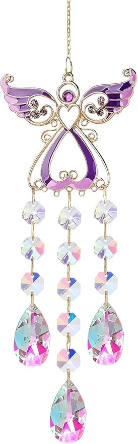 Crystal Sun Catcher, Angle Design Garden Hanging Rainbow Maker Ornament, Decorative Hanging Prism for Windows, Outdoors, Patio, Wedding, Party Decor (Purple)