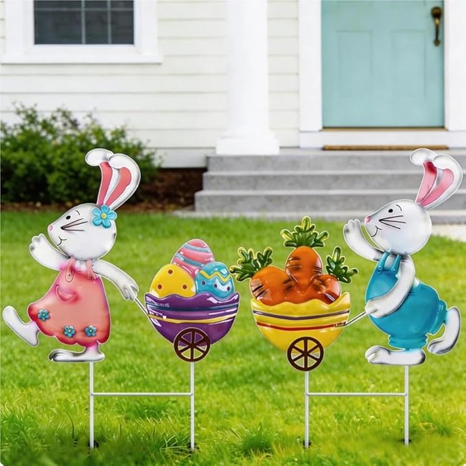 YIYA Metal Easter Bunny Yard Signs Rabbit Garden Stakes with Egg & Carrot Weatherproof Spring Decorative Outdoor Decor for Lawn Porch Patio