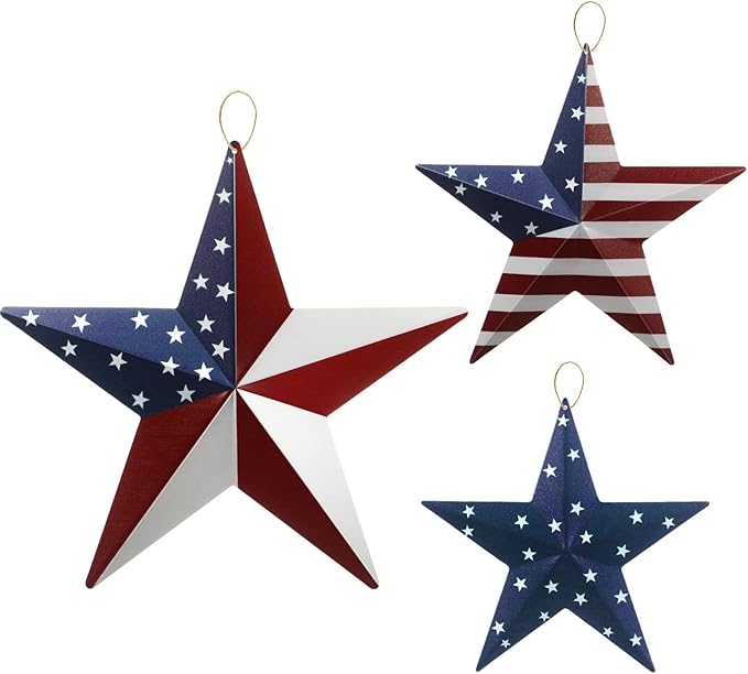 Funrous 3 Pcs Memorial Day Decorations Outdoor 12'' 8'' and 6'' Patriotic Metal Stars American Flag Stars 3D Wall Art Decor 4th of July Barn Star for Home Porch Yard
