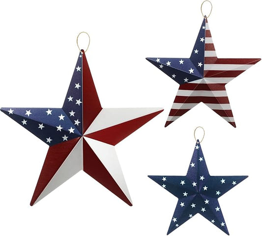 Funrous 3 Pcs Memorial Day Decorations Outdoor 12'' 8'' and 6'' Patriotic Metal Stars American Flag Stars 3D Wall Art Decor 4th of July Barn Star for Home Porch Yard