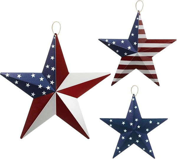 Funrous 3 Pcs Memorial Day Decorations Outdoor 12'' 8'' and 6'' Patriotic Metal Stars American Flag Stars 3D Wall Art Decor 4th of July Barn Star for Home Porch Yard
