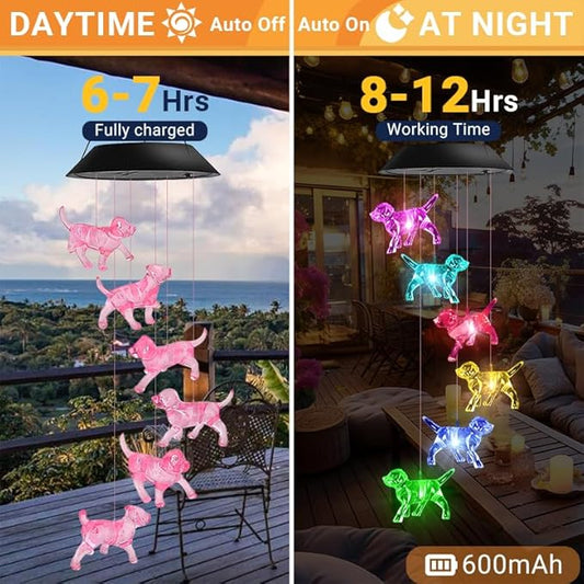 Dog Solar Wind Chimes for Outside - AIONASA Color Changing LED Solar Hanging Lights Outdoor, Waterproof Windchimes Outdoors Hanging Gifts for Mom Grandma Women, Home Garden Patio Yard Porch Decoration