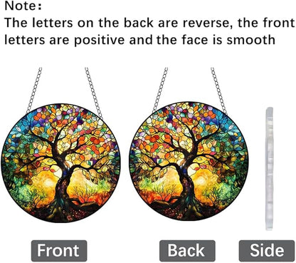 Tree of Life Stained Window Hangings with Chain – Decorative Acrylic Ornament for Windows, Walls, Doors and Gardens, Suitable for Birthday, Mother's Day and Housewarming Gifts