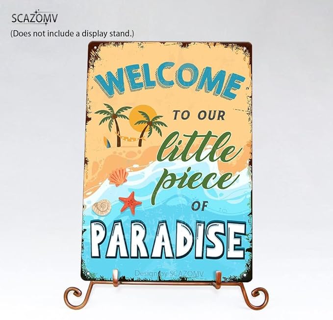 SCAZOMV Welcome to Our Little Piece of Paradise Welcome Sign for Front Door, Metal Signs Vintage for Home Bar Swimming Pool Beach Farmhouse Garden Outdoor Funny Wall Decor, 12x8 Inch