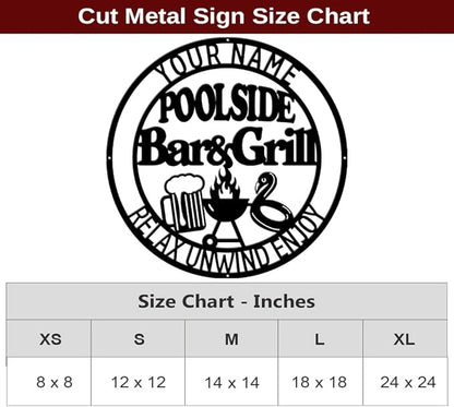 MeMate Poolside Bar & Grill Sign, Outdoor Pool Decor, Large Metal BBQ Sign, Personalized for Backyard Patio Porch Deck, Custom Name Housewarming Gifts for Family Friends