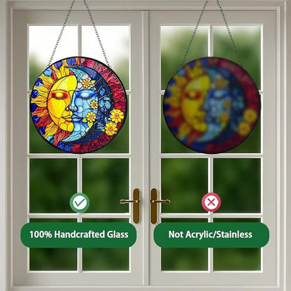 Stained Glass Moon and Sun Suncatcher with Hook and Chain, Handmade Window Hanging for Home and Garden, for Christmas, Party, Wedding, Birthday