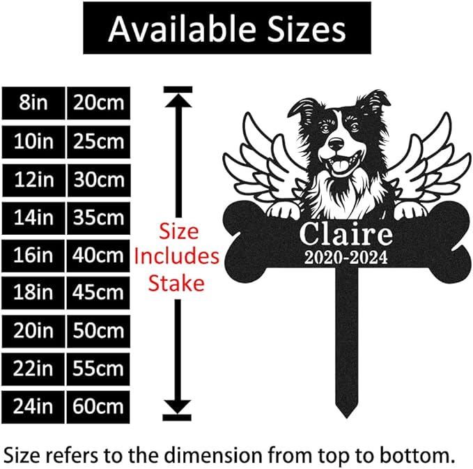Personalized Border Collie Dog Memorial Stake Metal Engraved Sign Grave Marker with Wings, Custom Dog Statue Memorial Plaque Border Collie Outdoor Cemetery Garden Stake Yard Sign with Bone