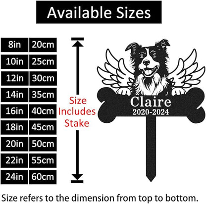 Personalized Border Collie Dog Memorial Stake Metal Engraved Sign Grave Marker with Wings, Custom Dog Statue Memorial Plaque Border Collie Outdoor Cemetery Garden Stake Yard Sign with Bone
