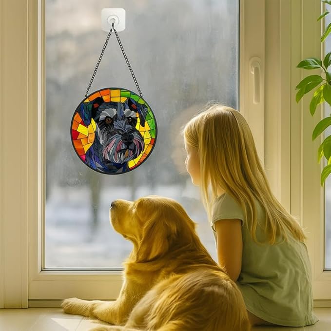 Stained Glass Window Hanging Schnauzer Dog 9.8in Sun Catchers Panel for Indoor Decorative Display for Mom Wife Lovers Festive
