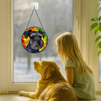 Stained Glass Window Hanging Schnauzer Dog 9.8in Sun Catchers Panel for Indoor Decorative Display for Mom Wife Lovers Festive