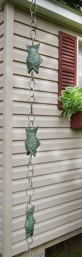 Good Directions 487V1-8 Fish Rain Chain 8-1/2 Feet Long, Large Wide Mouthed Fish, 100% Blue Verde Pure Copper