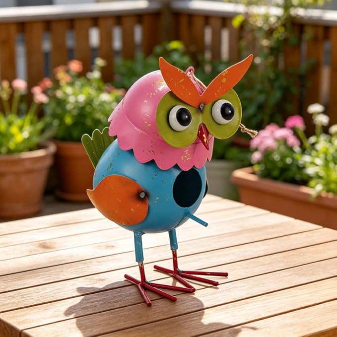 Metal Owl Garden Statues Yard Art Animal Sculpture Garden Figurines Outdoor Decor Lawn Ornaments Hanging Decorative Bird House for Outside