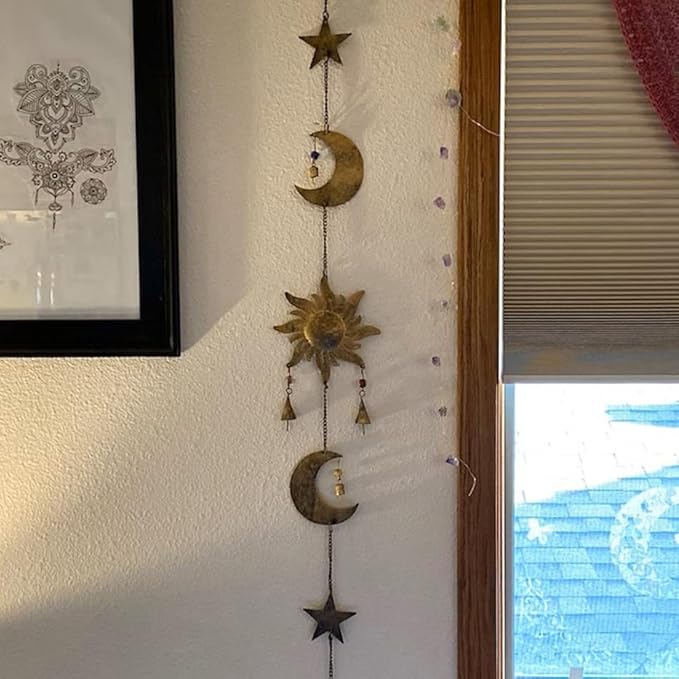 43 Inch Metal Sun Moon Star Wind Chime – Antique Bronze Celestial Wall Hanging with Bells – Handcrafted Boho Home & Garden Decor for Balcony, Patio, Porch, Entryway.