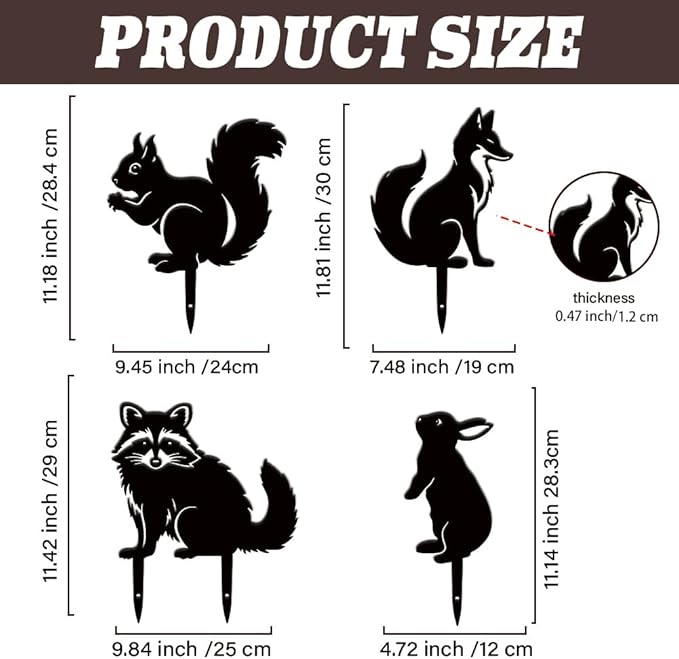 SUPERDANT 4PCS Metal Animals Garden Decor for Outside Fox Rabbit Squirrel Raccoon Yard Stakes for Decorations Outdoor Statues Iron Art Stake Decorative Lawn Ornament Patio Porch Farmhouse Decor Gifts