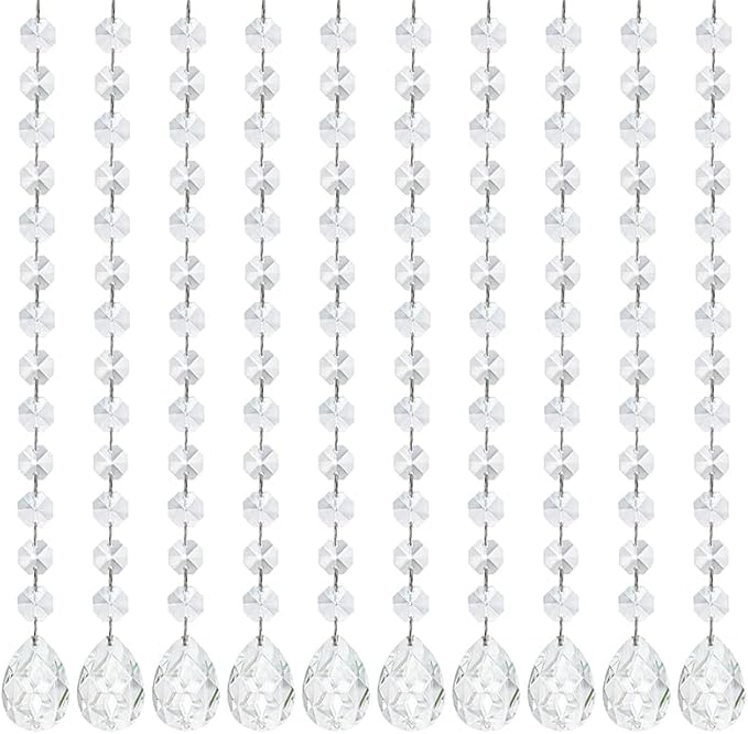 KANPURA 1ft Clear Crystal Bauhinia Prism Beads Strands for Chandelier Garland Gem Octagon Bead Chains Hanging Decorations for Christmas Winter Party Centerpiece(10 Pack)
