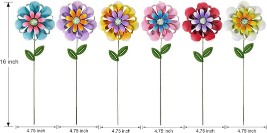 Metal Flower Garden Stakes, 6 Pc. Set, Large Colorful Decorative Landscape and Gardening Outdoor Decor, Lawn and Yard Ornament, Rust and Weather Resistant