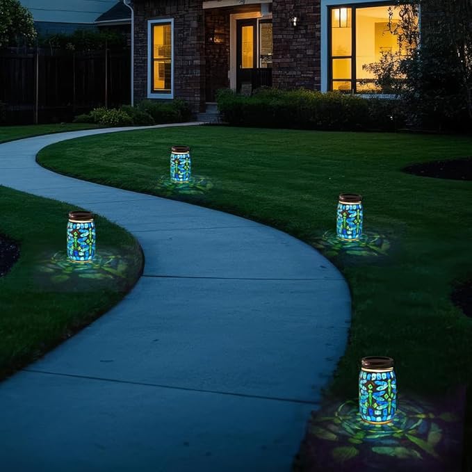 Starsoul 4 Pack Solar Hanging Lanterns Outdoor Waterproof, Mosaic Dragonfly Decor Glass Solar Outdoor Lights, Decorative Solar Lantern for Outside Pathway Patio Porch Yard Decor