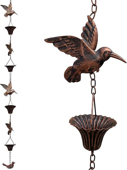 Rain Chain for Gutters,8.5FT Rain Catcher Chain for Outside with 7 Metal Cups & Hummingbird Decor,Adjustable Hanging Rain Hutter Chain Downspout Substitute for Garden Drainage & Eaves (Brown)