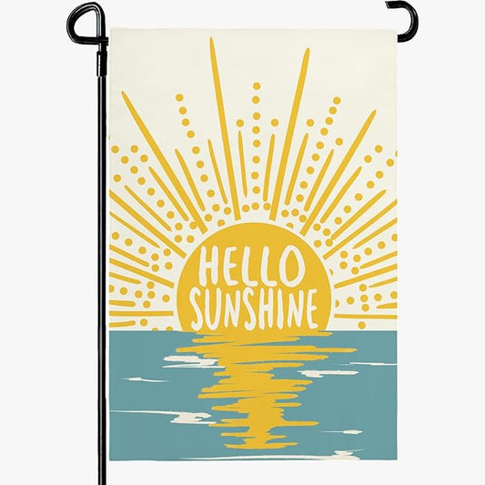 Hello Sunshine Summer Garden Flag Boho Sunset Over Sea Yard Flags Vertical Yard Decorations Outdoor Flag Farmhouse Porch Lawn Patio for Outside 12x18 Double Sided